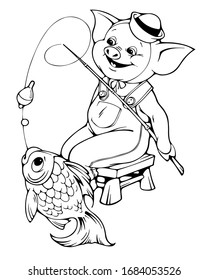 Little funny piggy is happy to catch fish with a fishing rod