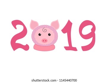 Little funny piglet in hat and collar. Symbol of the new year 2019. Hand lettering typography