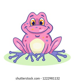 Little funny pink frog is sitting. In cartoon style. Isolated on a white background. Vector illustration.