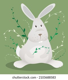 Little funny rabbit sits on green meadow. Symbol of Easter and 2023 in Chinese calendar. Childrens vector illustration
