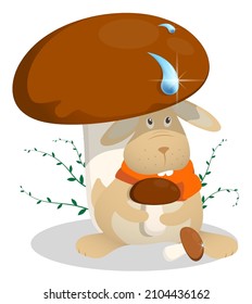 Little funny rabbit sits under large porcini mushroom, hiding from spring rain. Symbol of Easter and 2023 in Chinese calendar. Childrens vector illustration