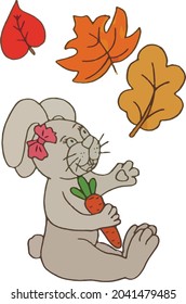 Little funny rabbit sitting and playing with leaves. Flat vector illustration - autumn.
