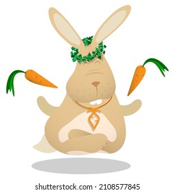 Little funny rabbit with wreath on his head meditating with closed eyes. Symbol of Easter holiday and chinese new year. Childrens vector illustration