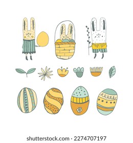 Little funny rabbits, Easter eggs with botanical elements set doodle style. Happy easter hand drawn isolated on white background. Spring holiday. Happy Easter. Vector Illustration.