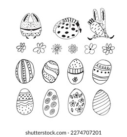 Little funny rabbits, Easter eggs with botanical elements set doodle style. Happy easter hand drawn isolated on white background. Spring holiday. Happy Easter. Vector Illustration.