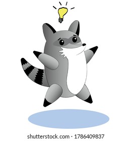 Little funny racoon rejoices because solved the problem. An idea came. Cartoon character. Isolated vector for mobile app, sticker, greeting card, site