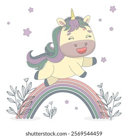 Little funny unicorn jumping on rainbow vector illustration. Design for printing on t-shirt, poster, banner. Great print for t-shirt, shopper, notebooks, covers, posters and cards