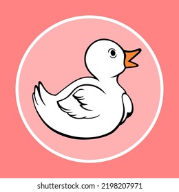 Little funny white duck on the pink background as print, pattern, sticker, wallpaper, cover or poster. Cute cartoon picture of a small pretty duck for design websites, clothes, logo, icon or sign.