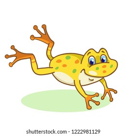 Little funny yellow frog is jumping. In cartoon style. Isolated on a white background. Vector illustration.