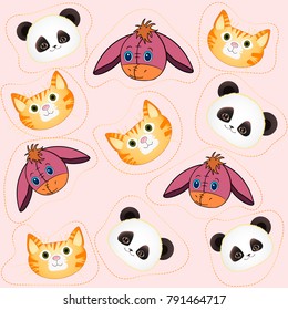 Little funny zoo seamless pattern for baby. Funny cute animals face pattern and pink background 