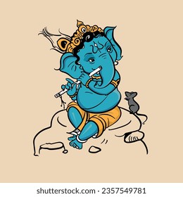 Little ganesha or Bala Ganesha playing flute. Beautiful illustration of Lord Ganpati for Ganesh Chaturthi festival of India vector banner poster greeting card.