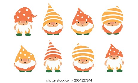 Little garden cute gnomes and elves in cartoon style. Characteristic fairies for children and kids. Kawaii gnome and magic elf design. Vector illustration