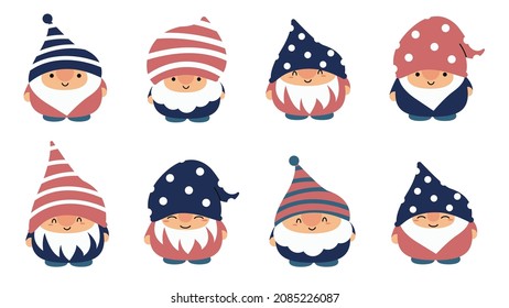 Little garden cute gnomes and elves in cartoon style. Characteristic fairies for children and kids. Kawaii gnome and magic elf design. Vector illustration
