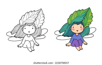 Little garden fairy leaf. Cute funny girl with wings.  Illustration for coloring books. Monochrome and colored versions.