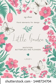 Little Little garden. Floral card with flowers and butterflies. Vector botanical illustration.