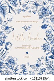 Little garden. Floral card with flowers and butterflies. Vector botanical illustration. Blue.