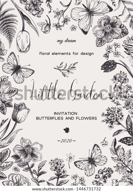 小さな小さな庭 花と蝶の花札 ベクター植物イラスト 白黒 のベクター画像素材 ロイヤリティフリー