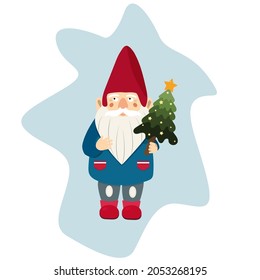 Little garden gnome holding Christmas tree. Cartoon vector clipart. 