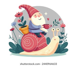 Little garden gnome rides on a snail and drinks tea from a cup. Fairy tale character. Vector illustration. Isolated on white.