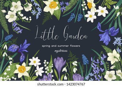 Little garden. Vector botanical illustration. Flowers and plants on a dark background.