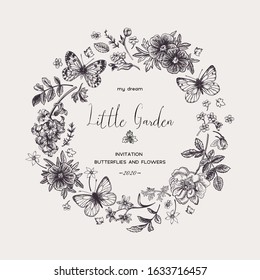 Little garden. Wreath with flowers and butterflies. Modern vector botanical illustration. Black and white.