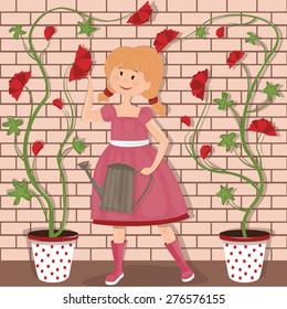 Little gardener with flowers background-beige walls - Vector Illustration