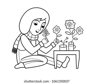 A little gardener and his flowers. Black and white vector illustration.Coloring book pages for children.  Cartoon character.