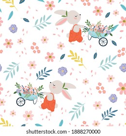 Little gardener with spring flowers seamless pattern design, kids fashion artworks, wallpapers, prints.