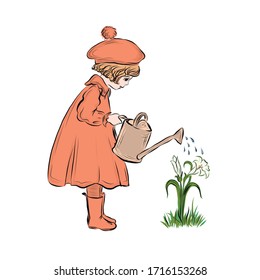 Little gardener watering bouquet of lilies.  Girl dressed in orange dress, cap, rubber boots holds watering can with water.