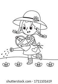 Little gardener watering vegetables. Vector illustration of a coloring page.