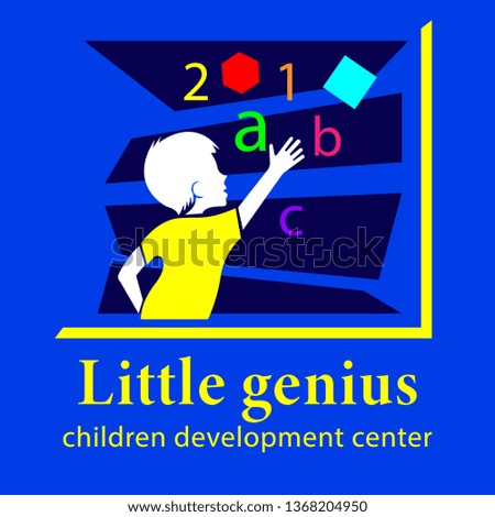 Little Genius, Children development center logo. Little boy lays out letters, numbers and shapes. Flat design vector illustration