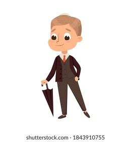 Little Gentleman in Elegant Suit with Umbrella Cane, Cute Boy in Retro Clothes Cartoon Style Vector Illustration