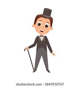 Little Gentleman in Elegant Tuxedo, Cute Boy in Retro Clothes Cartoon Style Vector Illustration