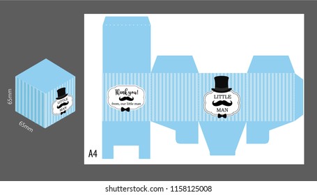 Little gentleman gift vector box. Light blue stripes background with black mustache, bowtie and hat. Template for themed birthday bash party. Classic pattern for dad and baby boy. Hipster style. DIY 