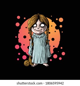 a little ghost carrying a doll illustration