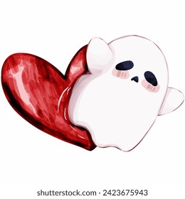 A little ghost comes out of a big red heart showing great love on Valentine's Day. White background vector illustration