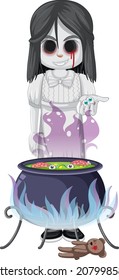 Little ghost girl with black eyes and spelling potion pot illustration