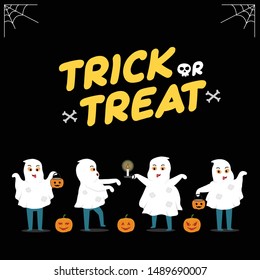 Little ghost go trick or treat. Halloween concept template for banner, poster, greeting card. Vector illustration