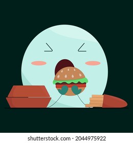 Little ghost happily eating hamburger and fries on dark background