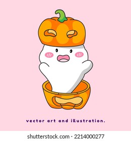 A little ghost hides in a pumpkin. Cartoon vector art and illustration. of Halloween.