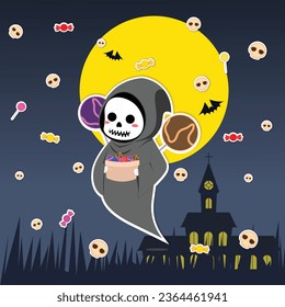 A little ghost is holding candy from Halloween.