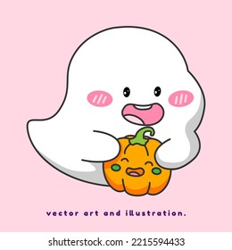 Un pequeño fantasma sostiene una linda calabaza sonriente. Dibujo vectorial de dibujos animados e ilustración. de Halloween.