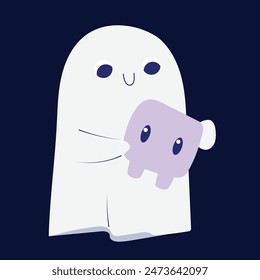 Little ghost holding a skull, childish and spooky Halloween hand drawn vector illustration
