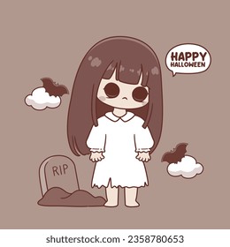 Little ghost kid girl with black eyes halloween character