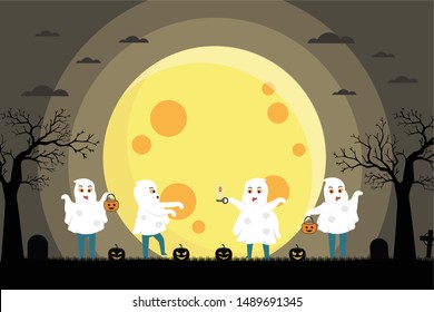Little ghost no full moon. Halloween concept template for banner, poster, greeting card. Vector illustration