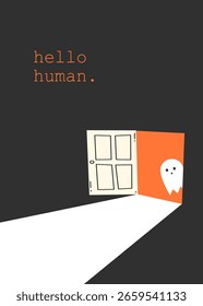 Little Ghost Öffnen Sie die Tür bei Nacht Halloween-Karte Design 