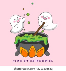 Little ghost playing witch's cauldron. Cartoon vector art and illustration. of Halloween.