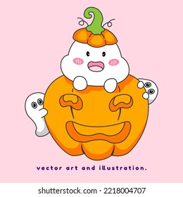 kleiner Geist in Kürbiskuchen süßes Lächeln. Cartoon, Vektorkunst und Illustration. Halloween.