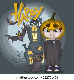 Little Ghost With Pumpkin, Eps 10 Vector Illustration