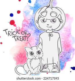 Little Ghost With Pumpkin, Eps 10 Vector Illustration
